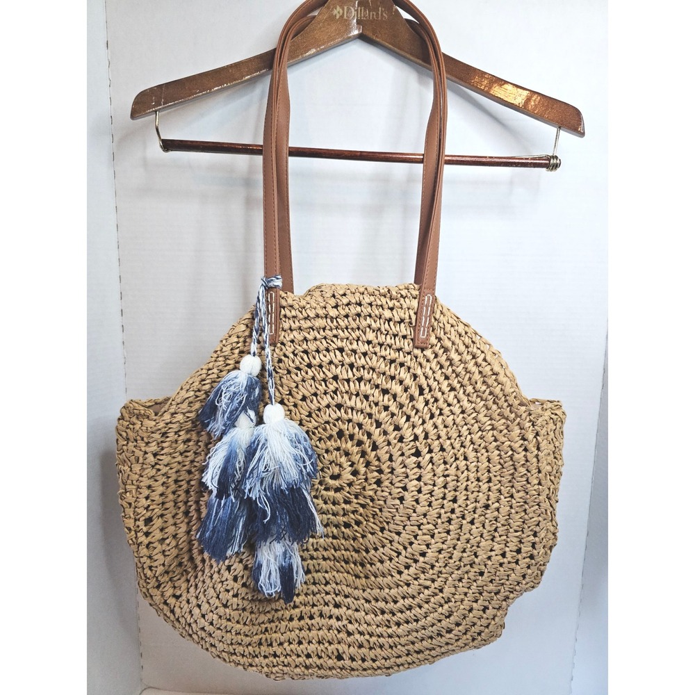 American Eagle‎ Outfitters Straw Tote Bag Round Beach Bag Blue Tassel